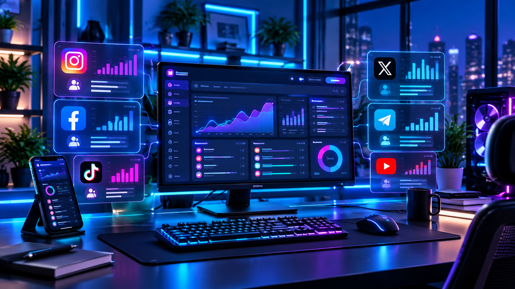 Social media service categories for Instagram, Facebook, TikTok, X, and Telegram